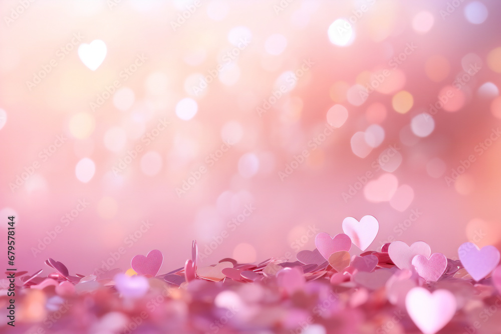 pink heart shape confetti border with cute bokeh background for Valentine's Day