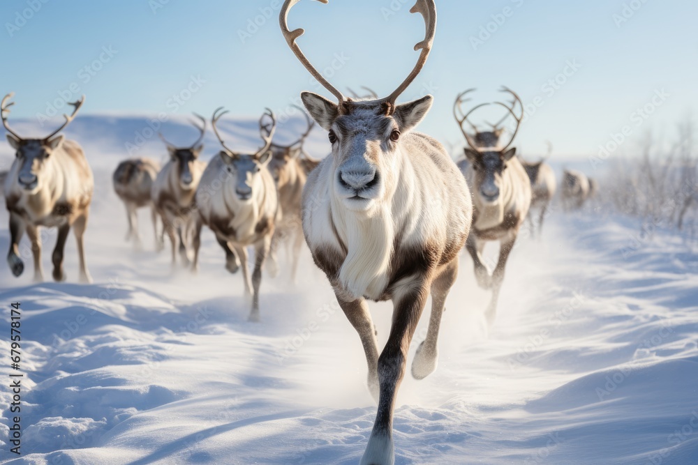 Reindeer with jingle bell collars prancing through a snowy meadow. Reindeer with jingle bell collars prancing through a snowy meadow.