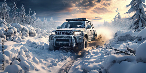 4x4 SUV drifts through snow and snowdrifts in winter on expedition trip in mountains in nature © alexkoral