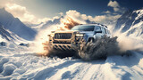 4x4 SUV rides off-road with snowdrifts in race competition in winter in the mountains