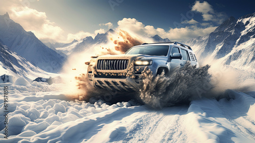 4x4 SUV rides off-road with snowdrifts in race competition in winter in the mountains © alexkoral