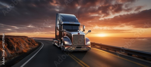 White pickup truck driving on a scenic road with a stunning sunset painting the sky in vibrant hues