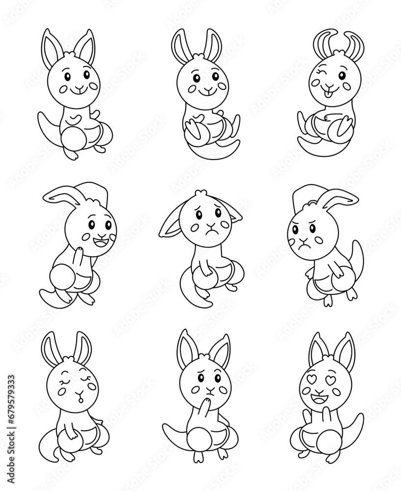 Cute kangaroo character. Coloring Page. Kawaii marsupial mammal different poses and emotions, love, joy, sadness, anger. Vector drawing. Collection of design elements.