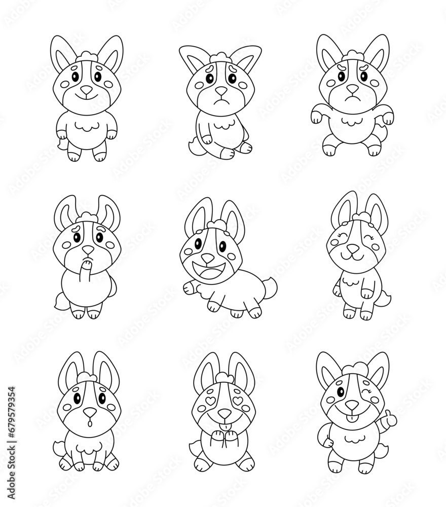 Cute corgi character. Coloring Page. Kawaii dog pet animal different poses and emotions, love, joy, sadness, anger. Vector drawing. Collection of design elements.