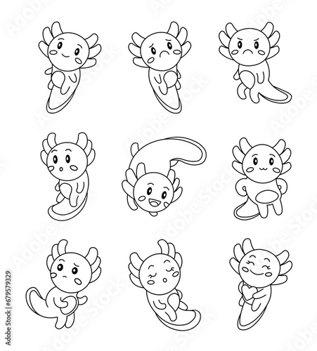 Cute axolotl character. Coloring Page. Kawaii ambystoma amphibian different poses and emotions, love, joy, sadness, anger. Vector drawing. Collection of design elements.