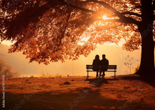 Silhouettes of two people sitting on a bench