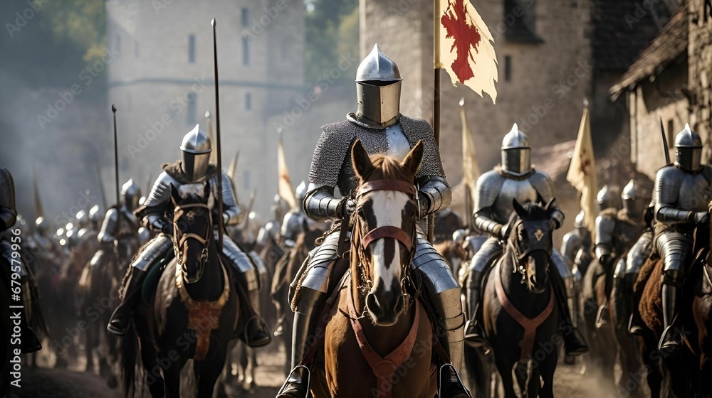 AI-generated illustration of a group of medieval knights on horseback ...