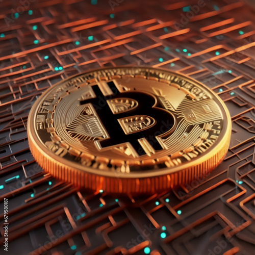3d bitcoin symbol hovering on a tech environment, AI (ID: 679580187)