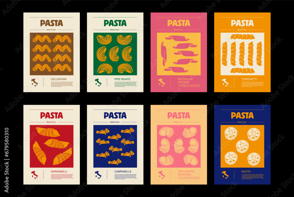 Italian macaroni types, labels for packages set. Torchietti, ruote