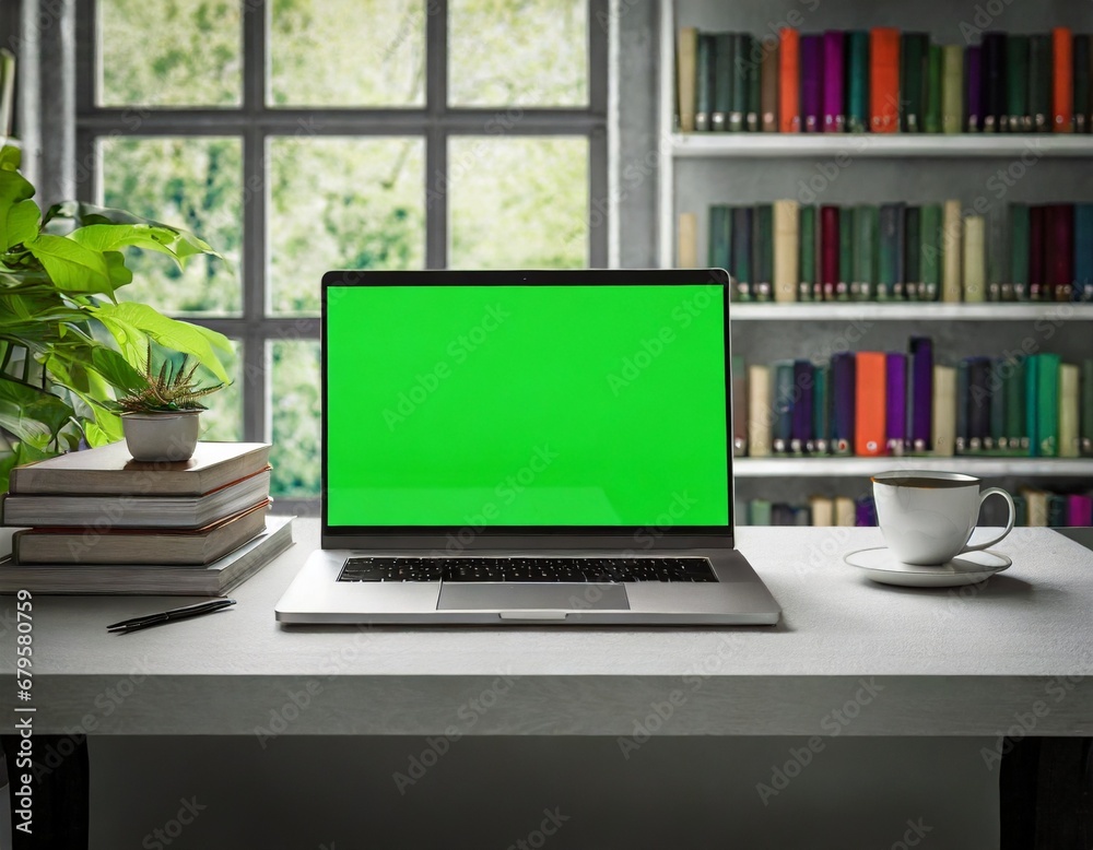 laptop green screen on a bookshelf in an office; concept of work at home laptop green screen on a bookshelf in an office; concept of work at home