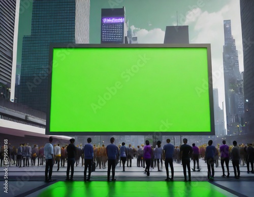  Green screen billboard on wall in futuristic city with many people viewing with space for text.