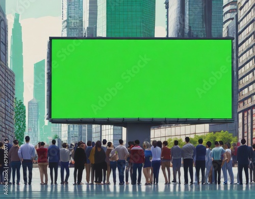 green screen billboard on wall in futuristic city with many people viewing with space for text.