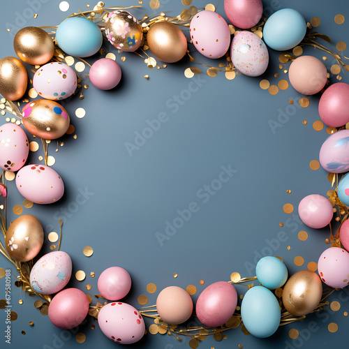 Easter frame background with copy space, decorated with colorful easter eggs, perfect for writing custom messages