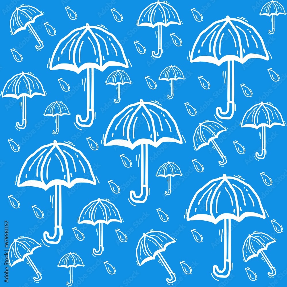 various umbrellas and blue rain drops on blue background