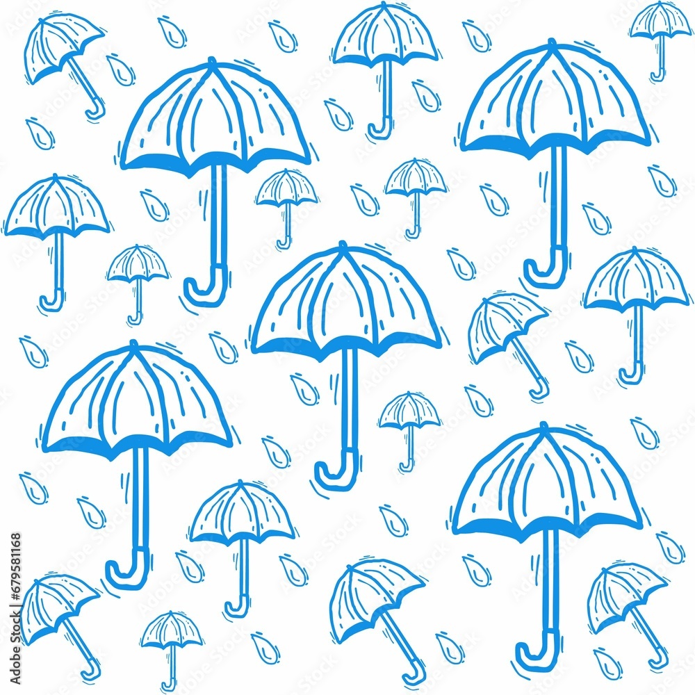 various umbrellas and blue rain drops on white background