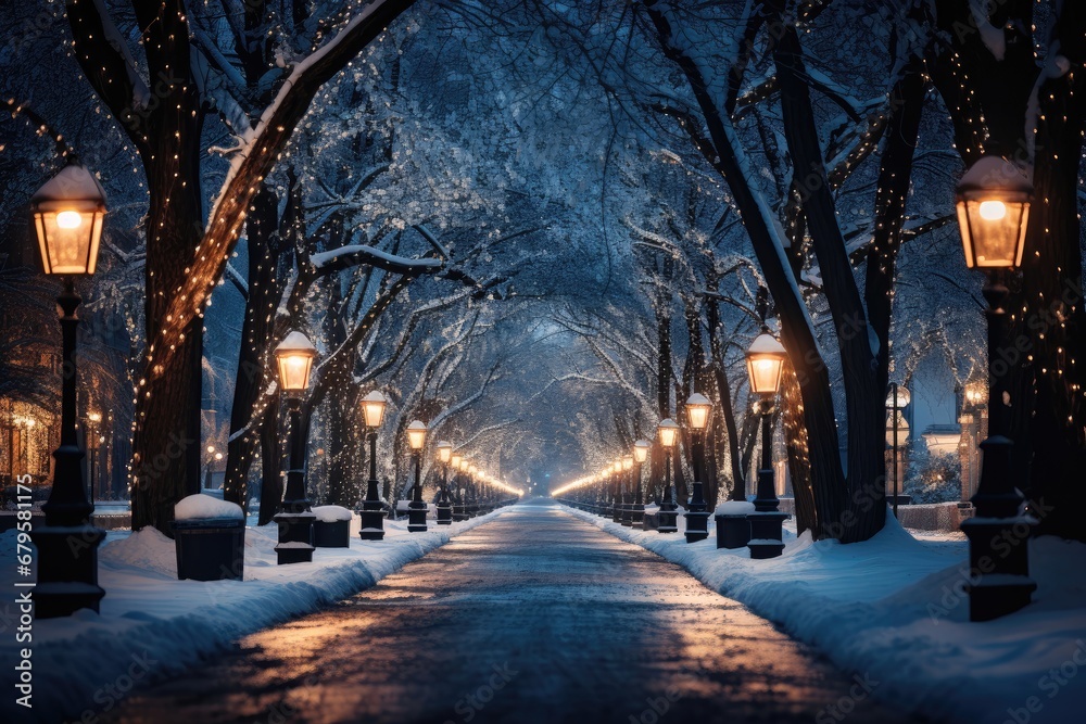 In this festive Christmas-themed abstract background, holiday lights twinkle on snow-covered trees, accompanied by charming lamp posts to create a cozy winter ambiance. Photorealistic illustration
