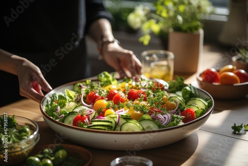 Vegetable salad in a large salad bowl on the kitchen table. Woman preparing vegetarian food