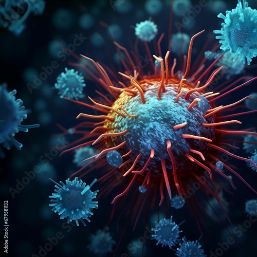 AI generated illustration of a closeup of a virus being under a microscope