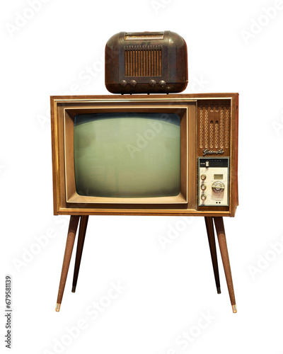 Vinatge TV, old retro TV set and antique radio isolated on white background