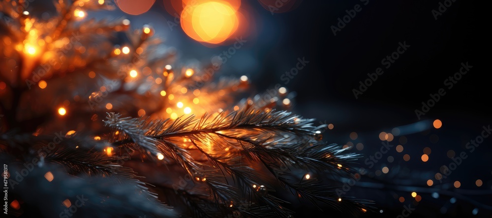 In this wide-format Christmas abstract background, lush fir branches frame the scene, providing room for customization amidst a beautifully blurred background. Photorealistic illustration In this wide-format Christmas abstract background, lush fir branches frame the scene, providing room for customization amidst a beautifully blurred background. Photorealistic illustration