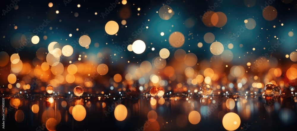 In this wide-format Christmas abstract background, blurred holiday lights create a festive ambiance with a subtle depth of field effect. Photorealistic illustration - obrazy, fototapety, plakaty 