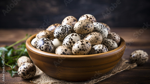 Fresh quail eggs close up. Quail eggs in a clay bowl photo