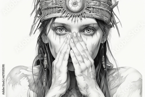 Hyper realistic charcoal illustration of a modern shaman with ancient attire adorned with feathers