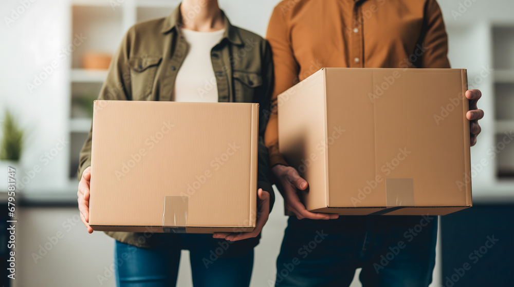 Un couple tenant des cartons de déménagement pour une nouvelle vie. - obrazy, fototapety, plakaty 
