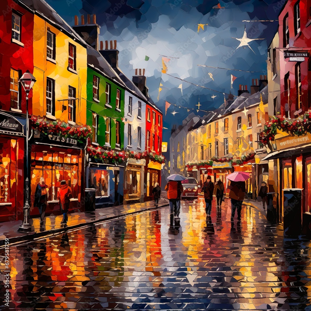 Oil painting of Galway markets and pubs in night