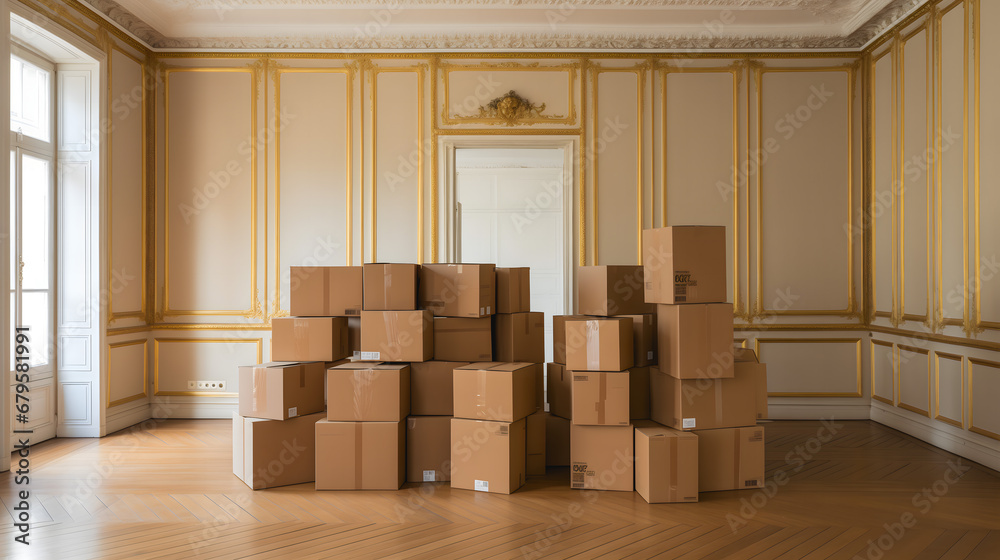 Un pièce d'un appartement avec des cartons lors d'un déménagement à Paris. Un pièce d'un appartement avec des cartons lors d'un déménagement à Paris.