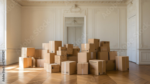 Une pile de cartons de déménagement dans une pièce vide avec un parquet chevron.