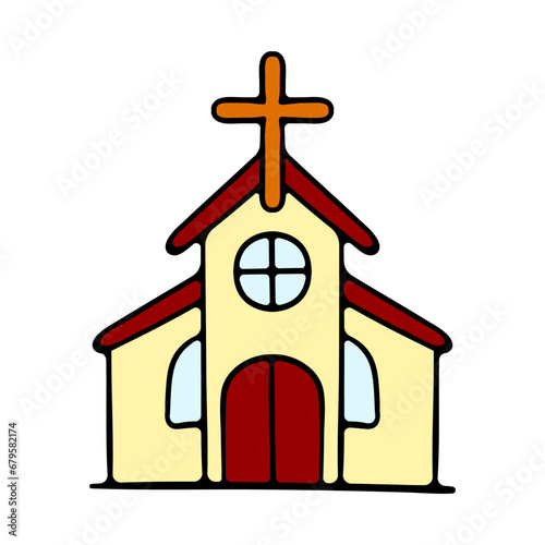 Church with a wooden cross. Christian Catholic or Orthodox Church. Christmas concept. Religion, god, jesus christ, prayer, resurrection, sunday.