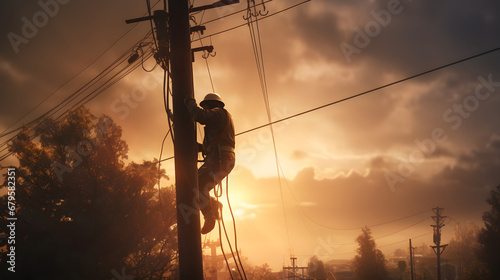 Lineman repairing high voltage power lines