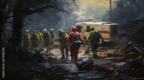 Emergency medical team at disaster zone photo