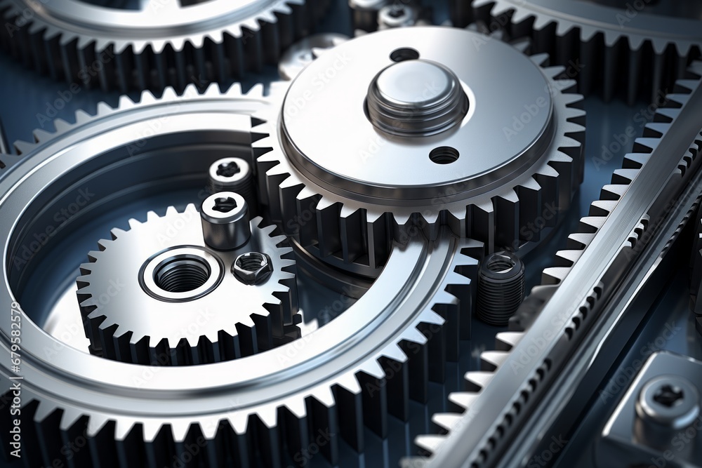 Close up of silver metallic engine gear wheels immersed in oil on an industrial background Close up of silver metallic engine gear wheels immersed in oil on an industrial background