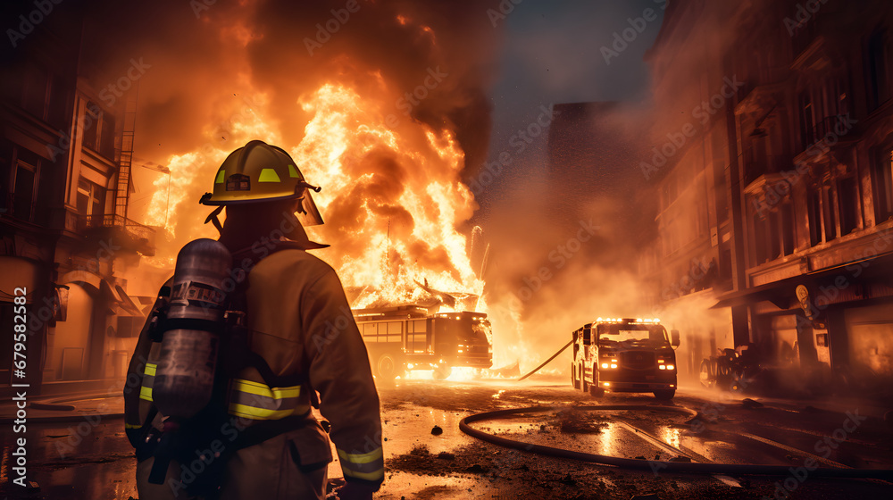 Firefighter fighting massive blaze in city Firefighter fighting massive blaze in city