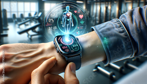 Smartwatch with Holographic Health Interface in Gym photo