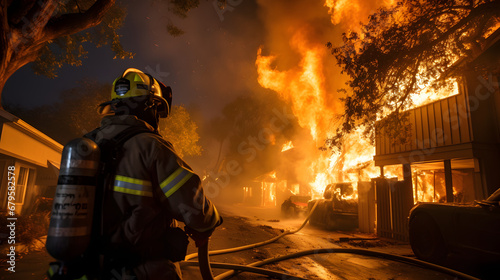 Firefighter fighting intense flames in residential area