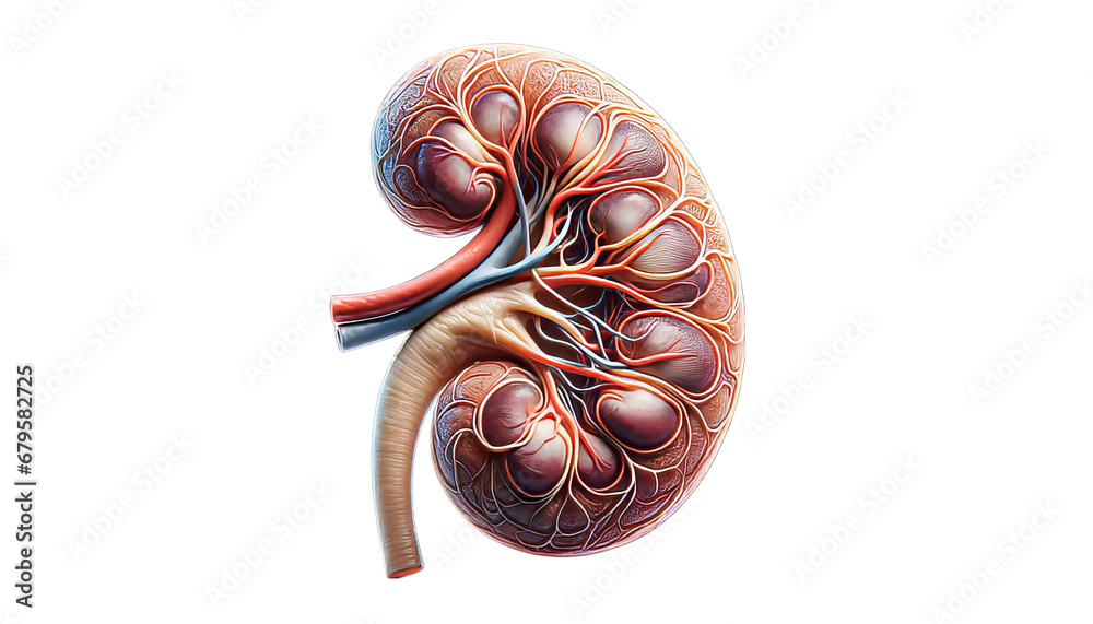 Exploring Renal Anatomy: A Detailed 3D Model of the Kidney, Unveiling the Intricate Nephron Structure, Filtration Process, and Renal Function - obrazy, fototapety, plakaty 