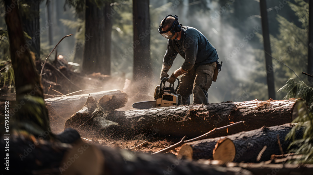 Logger felling trees in dense forest Logger felling trees in dense forest