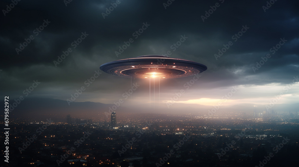 A flying saucer above a city A flying saucer above a city
