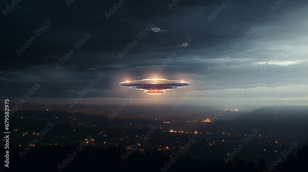 A flying saucer above a city