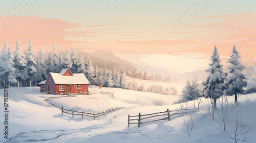 A winter landscape of a house in the forest, watercolor painting © frimufilms