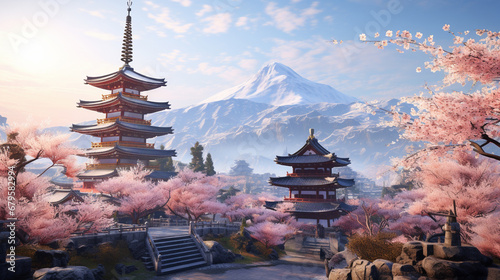 Traditional Asian architecture, pagodas, cherry blossoms