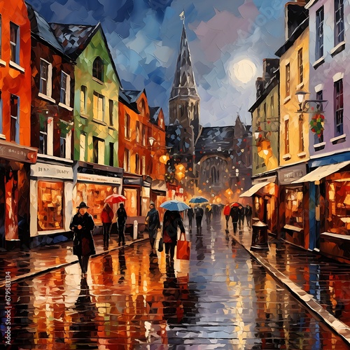 Oil painting of Galway markets and pubs in night photo