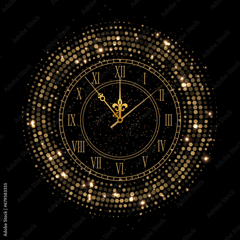 Shiny vintage gold clock face with glitters . Golden elegant roman