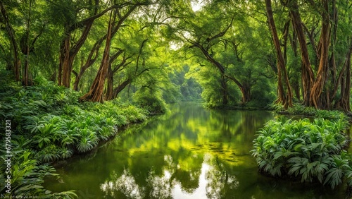 river in the forest with tall green trees on the surroundings © AI ARTS