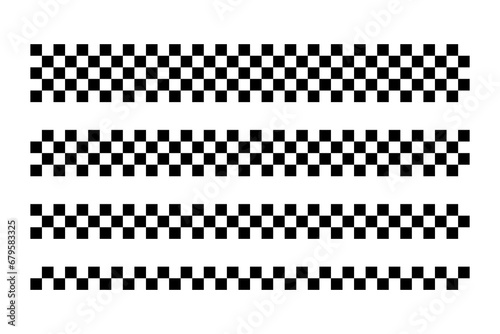 Black and white checker pattern vector illustration set. Abstract checkered chessboard or checkerboard for game, grid with geometric square shape, race or rally flag and mosaic floor tile