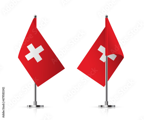 Flags of Switzerland on pole vector illustration. 3D realistic flagpoles on mini steel vertical stands, isolated desktop flagstaff, red and white cross swiss flags on metal sticks