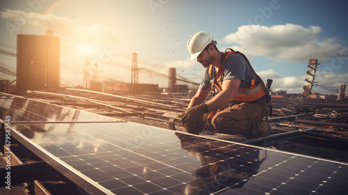 Construction worker installing solar panels on rooftop photo